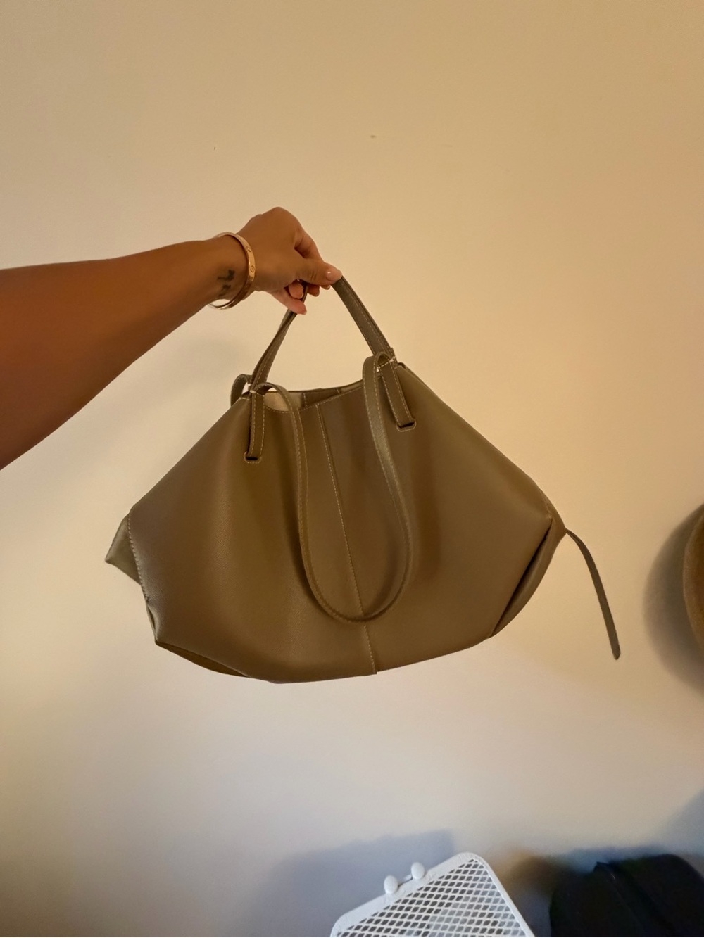 Taupe Structured Leather Tote Bag - Women's Handbag - Picture 8 of 8